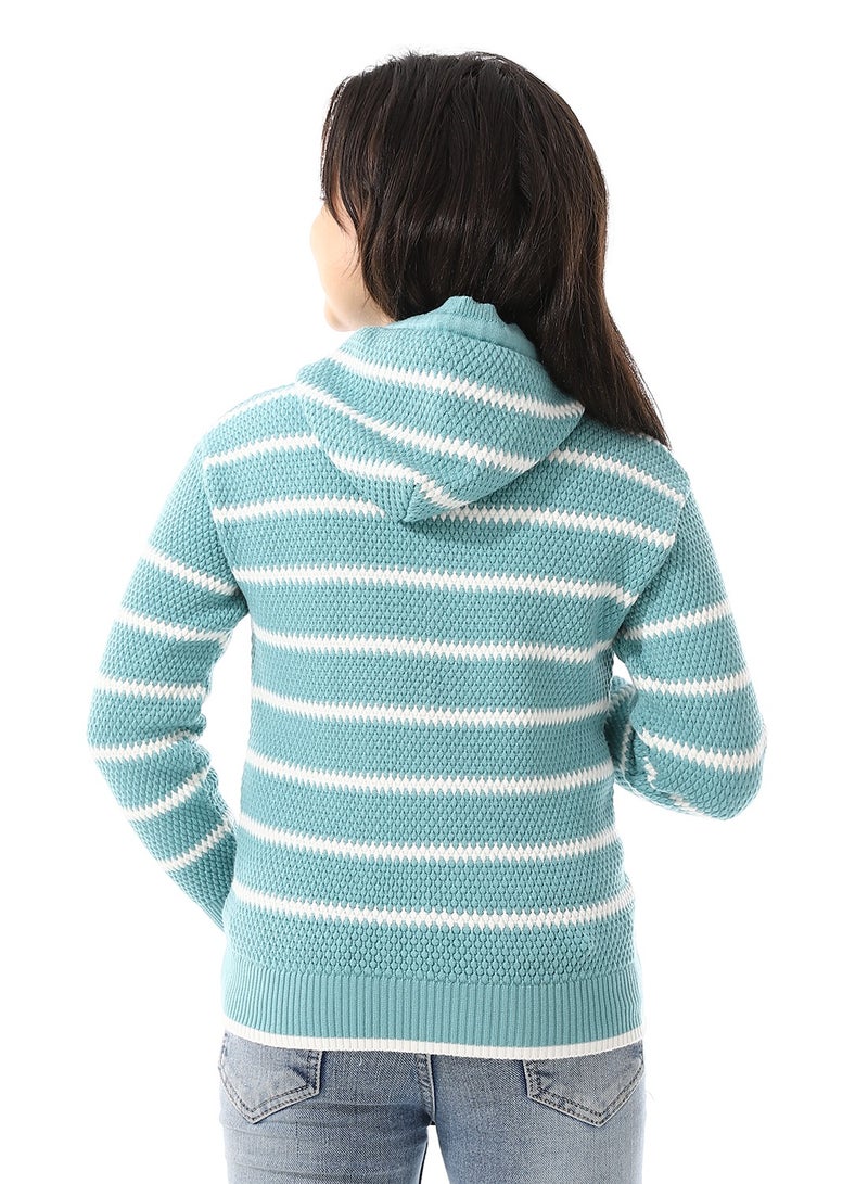 Andora Girls Hooded Neck Striped Sweatshirt _ Turquoise Blue  - Image 3