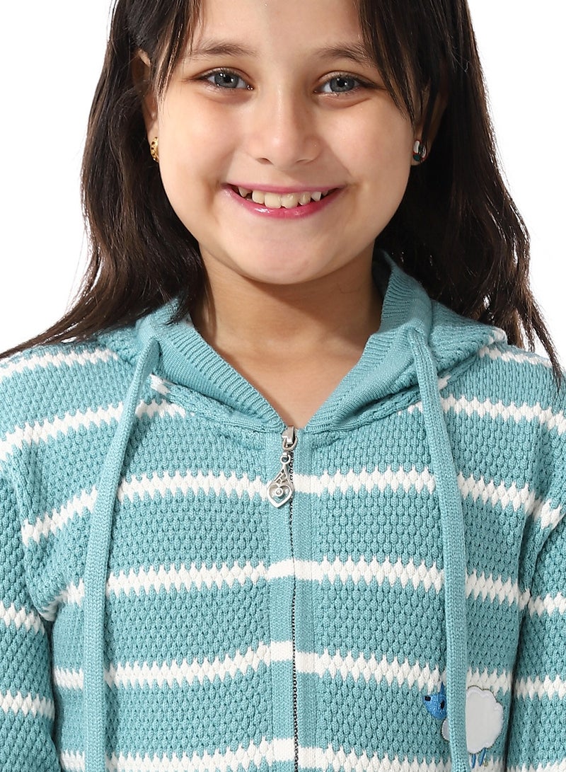 Andora Girls Hooded Neck Striped Sweatshirt _ Turquoise Blue  - Image 4