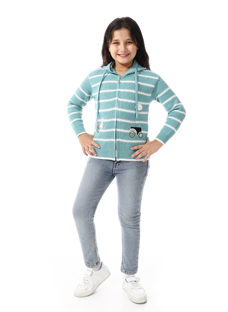 Girls Hooded Neck Striped Sweatshirt _ Turquoise Blue