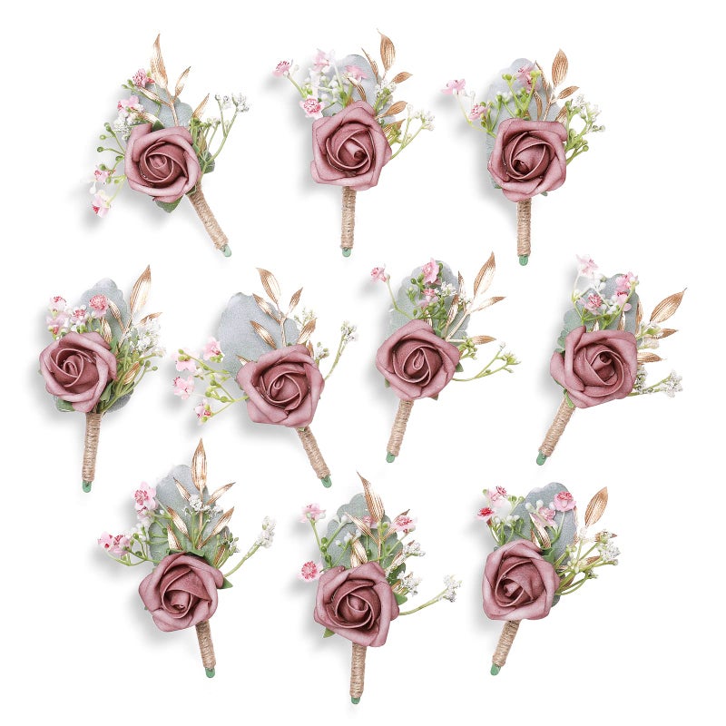 YSUCAU Dusty Rose Boutonnieres for Men Wedding Set of 10 Groom and Groomsmen Boutonniere for Rustic Fall Vintage Wedding Prom - Image 1