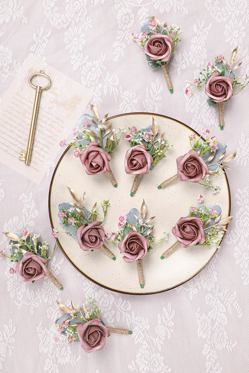 YSUCAU Dusty Rose Boutonnieres for Men Wedding Set of 10 Groom and Groomsmen Boutonniere for Rustic Fall Vintage Wedding Prom - Image 2