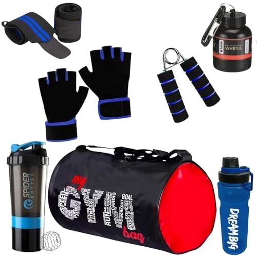 FIT FOCUS (Pack of 7) My Gym Bag Combo for Men,Shaker Bottle | Sipper Bottle Gym Gloves l Whey Container Gym kit for Men and Women Gym Bag & Fitness Kit & Premium Bag Combo (Blue) - Image 1