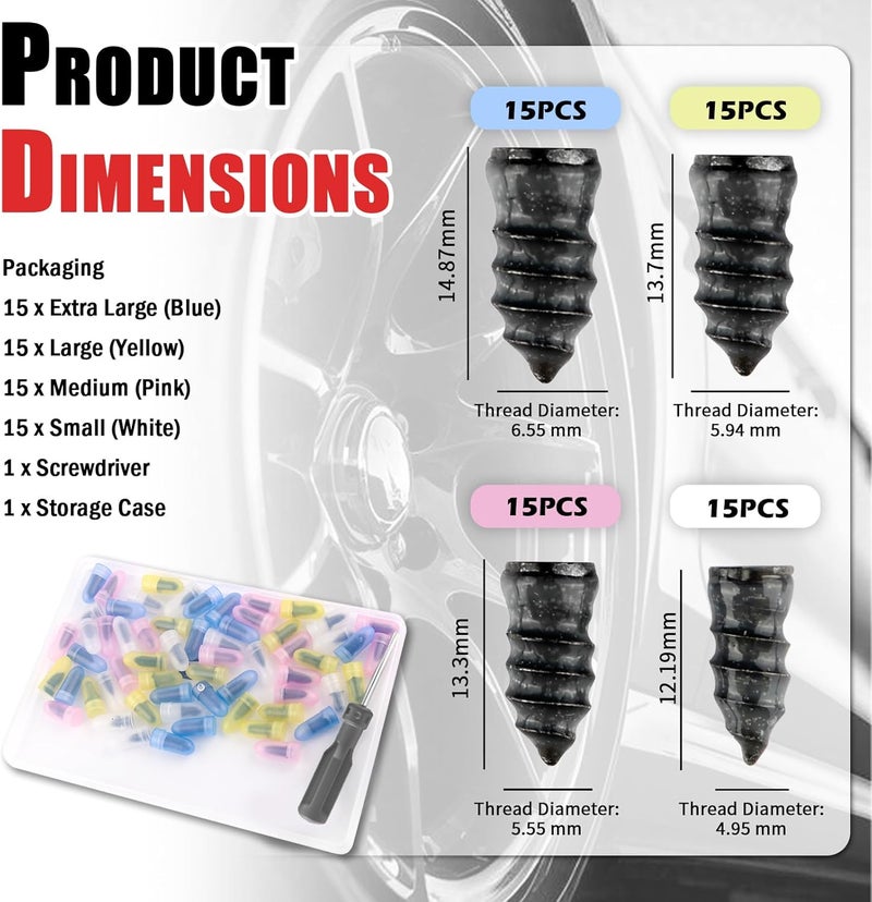 Turcee New 60PCS Car Screw in Tire Plugs,Self-Service Tire Repair Rubber Nail Kit Includes Screwdriver,Emergency Car Rubber Screw Tires Plugs for Tubeless Vacuum Tires - Image 2