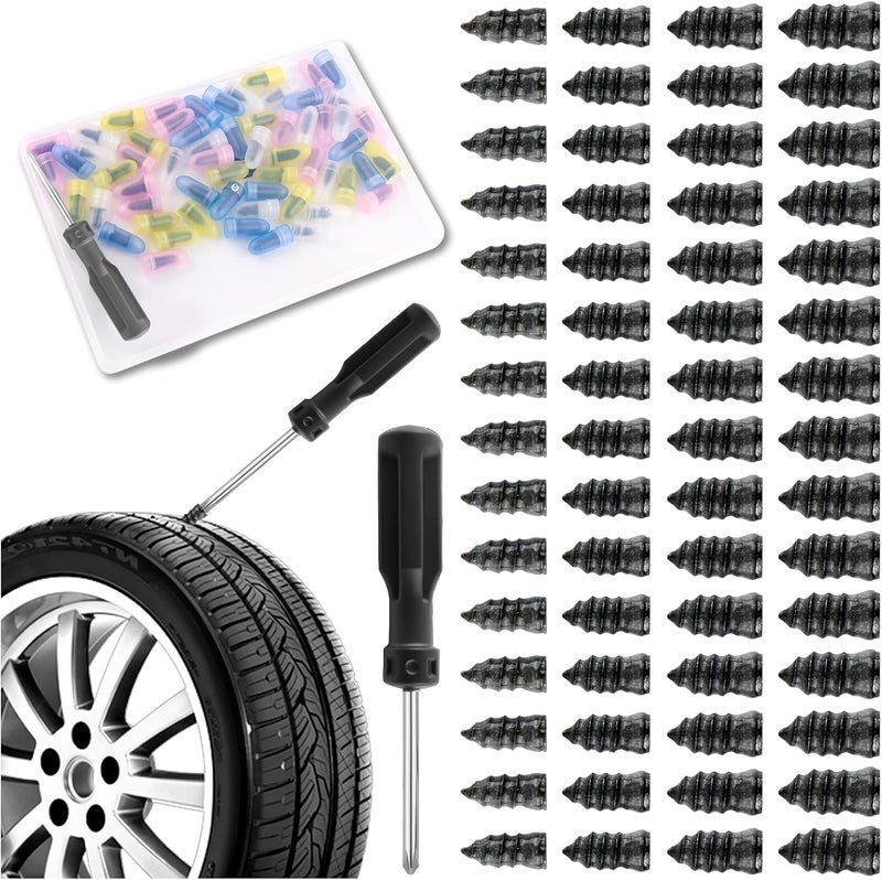 Turcee New 60PCS Car Screw in Tire Plugs,Self-Service Tire Repair Rubber Nail Kit Includes Screwdriver,Emergency Car Rubber Screw Tires Plugs for Tubeless Vacuum Tires - Image 1