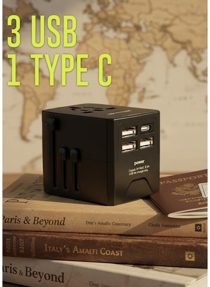 أونتايم أفضل محول سفر عالمي مع ٣ منافذ USB + منفذ Type-C | شاحن حائط دولي متعدد الوظائف للمملكة المتحدة والاتحاد الأوروبي والولايات المتحدة وأستراليا | محول طاقة شحن سريع | خرج ٥ فولت/٣.٥ أمبير | تصميم مدمج وآمن - Image 2