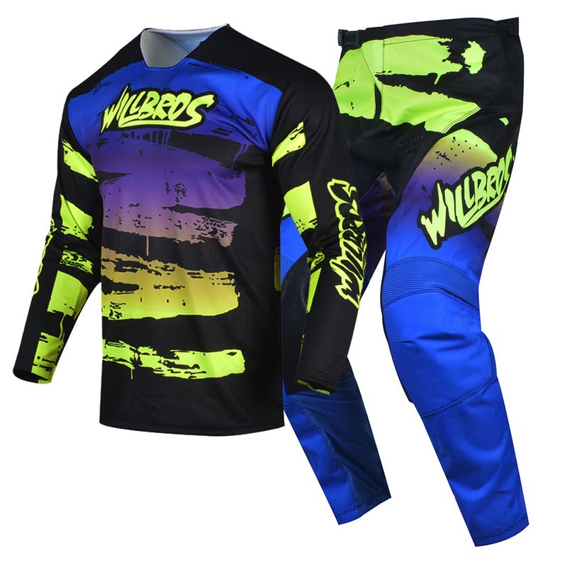 Willbros Motocross Jersey Pant Combo MX Gear Set Mens Motorcycle Offroad Dirt Bike Cycling Riding Racing BMX ATV Yellow Blue Jersey XXL Pants 38 - Image 2