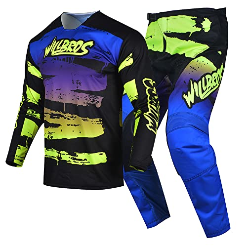 Willbros Motocross Jersey Pant Combo MX Gear Set Mens Motorcycle Offroad Dirt Bike Cycling Riding Racing BMX ATV Yellow Blue Jersey XXL Pants 38 - Image 1
