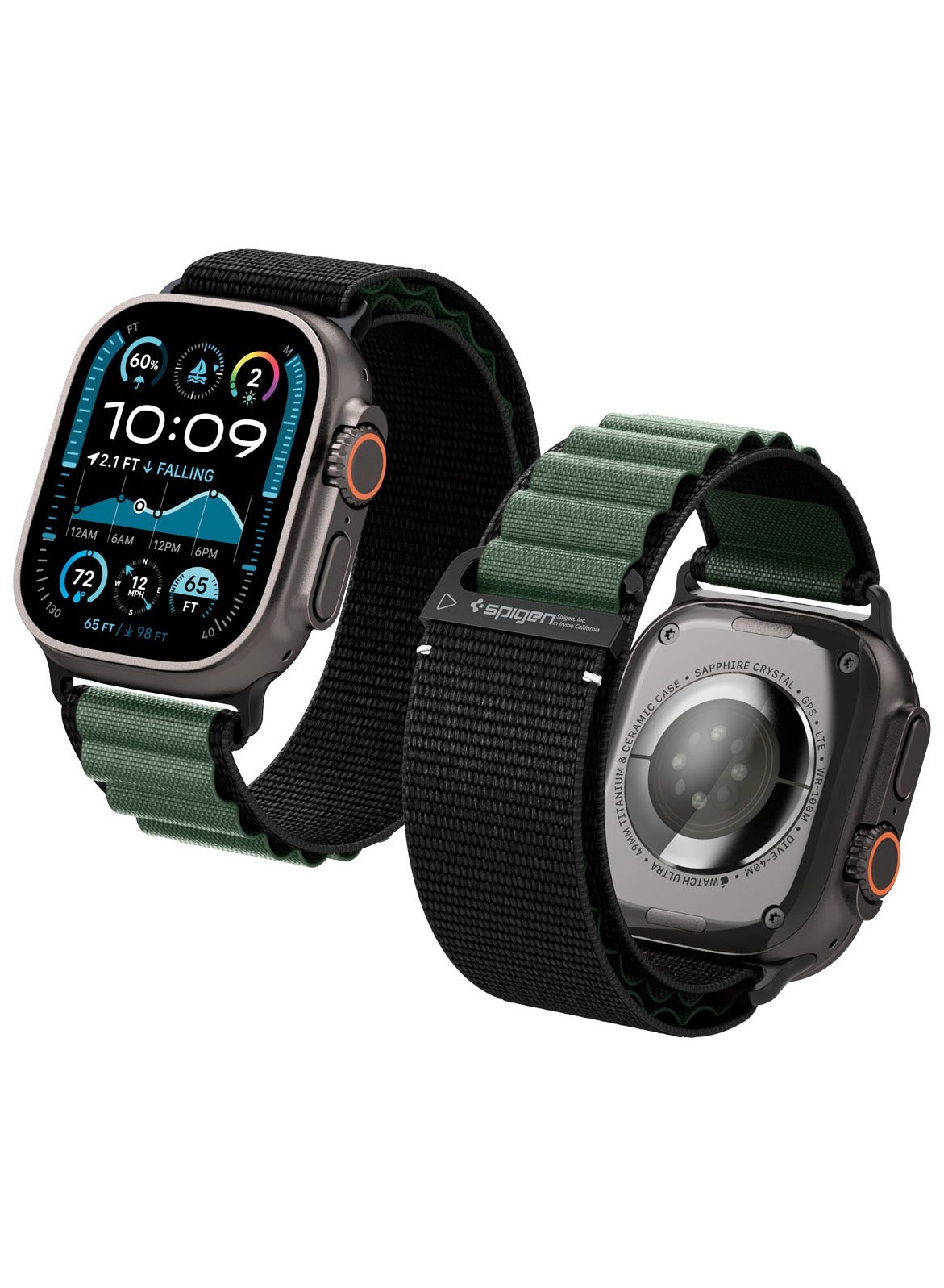 Spigen WBF1 Apple Watch Band for Apple Watch Ultra 3/2/1 49mm, Series 11/10 46mm, 9/8/7 45mm, SE3/SE2/SE/6/5/4 44mm, 3/2/1 42mm Lightweight Fabric Strap - Black Green