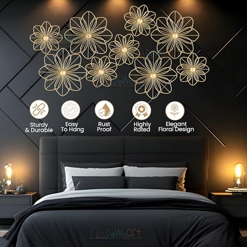 DeWoGift Set of 9 Gold Metal Wall Art Decor | Floral Golden 3D Wall Sculpture Hanging for Living Room, Bedroom, Office, Hotel | Modern Luxury Home Wall Decoration - Image 5