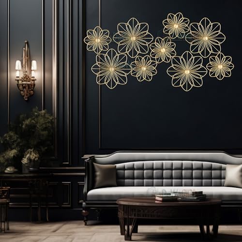 DeWoGift Set of 9 Gold Metal Wall Art Decor | Floral Golden 3D Wall Sculpture Hanging for Living Room, Bedroom, Office, Hotel | Modern Luxury Home Wall Decoration - Image 4