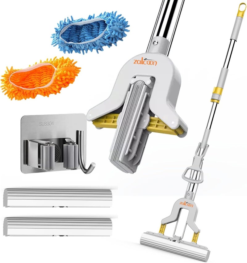 زالكون ZALCOON ممسحة إسفنجية قابلة للطي ذاتية العصر مع 2 قطعة إسفنج PVA فائقة الامتصاص، 2 نعال ممسحة و1 حامل ممسحة | أداة تنظيف منزلية للمطبخ، الخشب الصلب، الأرضيات الصلبة متعددة الأسطح - Image 1