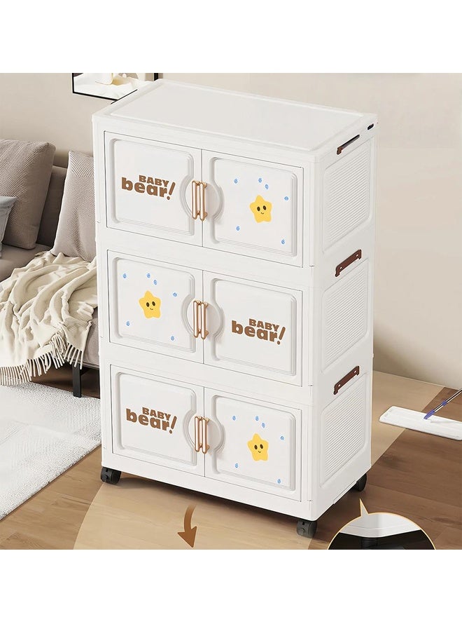 خزانة تخزين بلاستيكية قابلة للطي بثلاث طبقات، مزودة بأبواب وعجلات، بتصميم دب صغير، مقاومة للغبار، 58 × 28 × 79.2 سم - Image 3