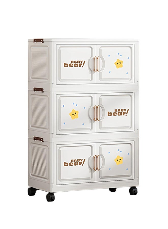 خزانة تخزين بلاستيكية قابلة للطي بثلاث طبقات، مزودة بأبواب وعجلات، بتصميم دب صغير، مقاومة للغبار، 58 × 28 × 79.2 سم - Image 2