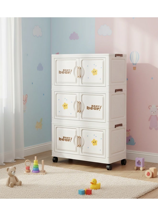 خزانة تخزين بلاستيكية قابلة للطي بثلاث طبقات، مزودة بأبواب وعجلات، بتصميم دب صغير، مقاومة للغبار، 58 × 28 × 79.2 سم - Image 1