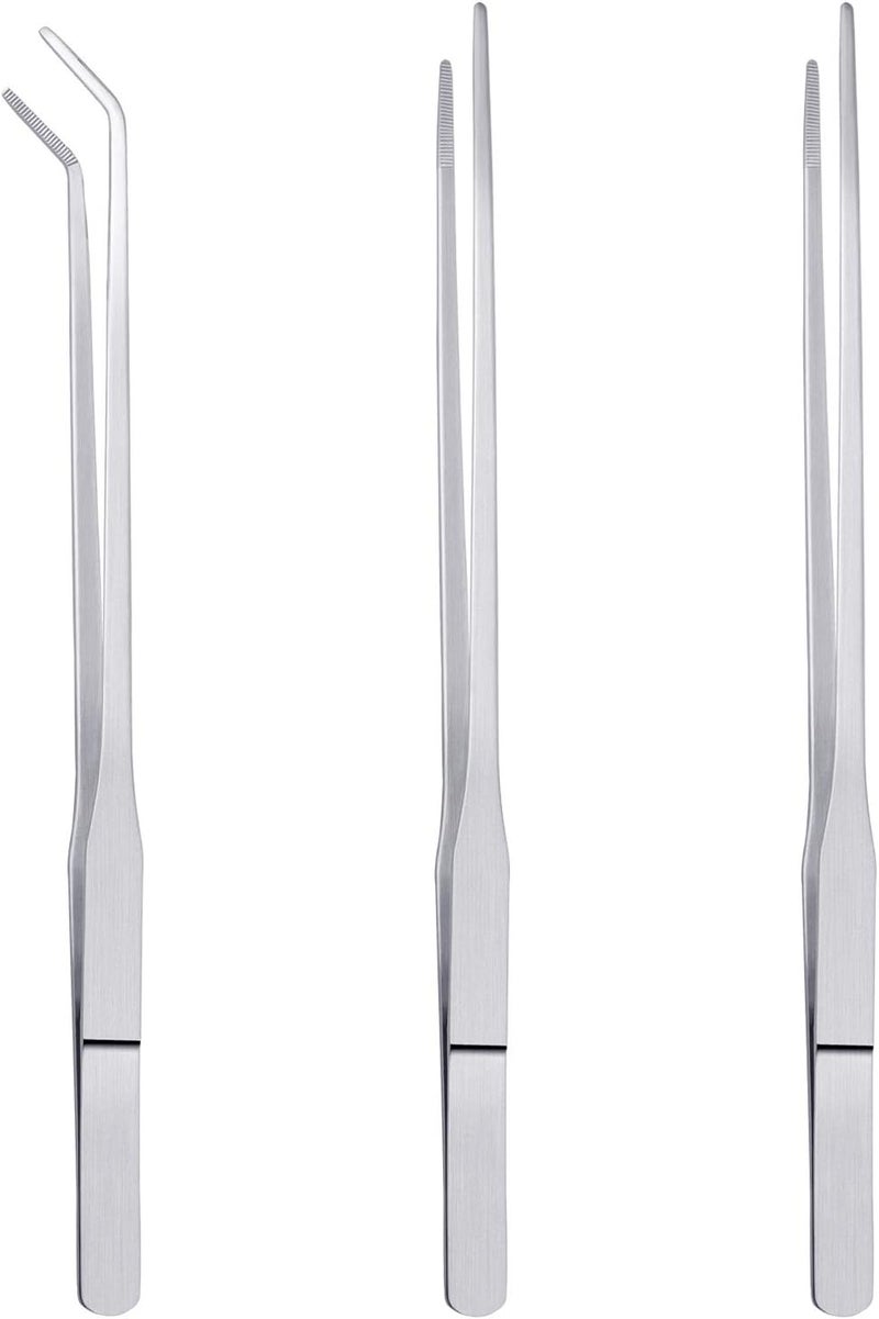 Thyores 3 Pcs Aquarium Tweezers, Stainless Steel Feeding Tongs Straight and Curved Tweezers Set Long Handle Reptile Feeding Tongs for Aquatic Plants Lizards Spider Snakes - Image 1