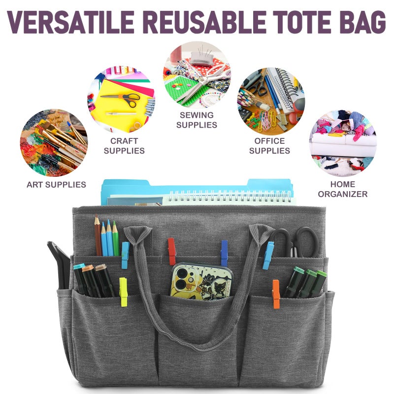 Cupohus Art Organizer Craft Storage Tote Bag with Pockets and Handles, Oxford Fabric Carrying Caddy for Teacher, Officer, Artist, Students, Traveler, and more â€“Grey - Image 2