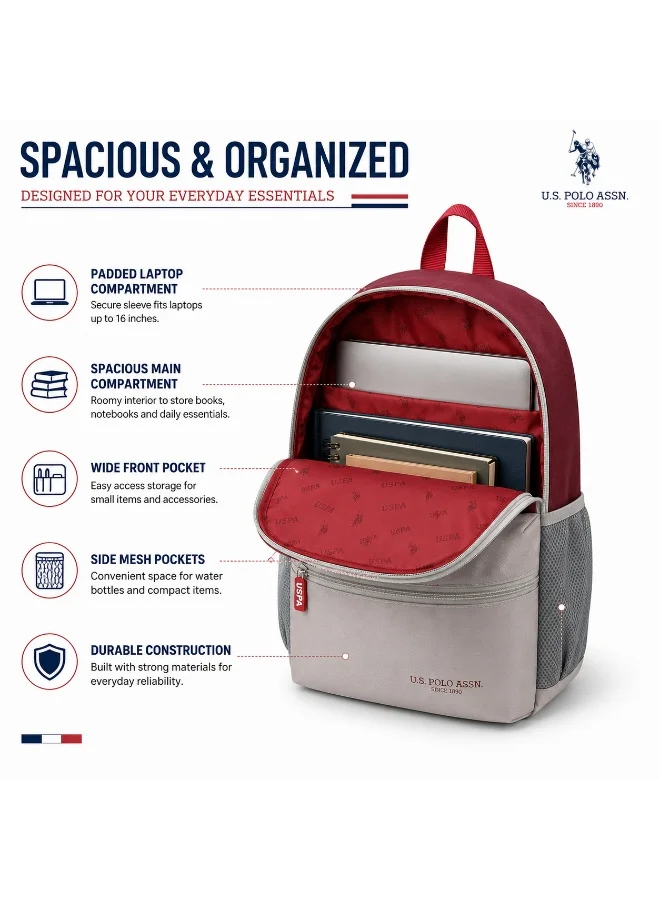 U.S. Polo Assn. PLUM U.S. Polo Assn. Classic Burgundy Stone Heritage Colourblock Backpack for School and Office MultiCompartment Bag for Campus  | Best Price UAE