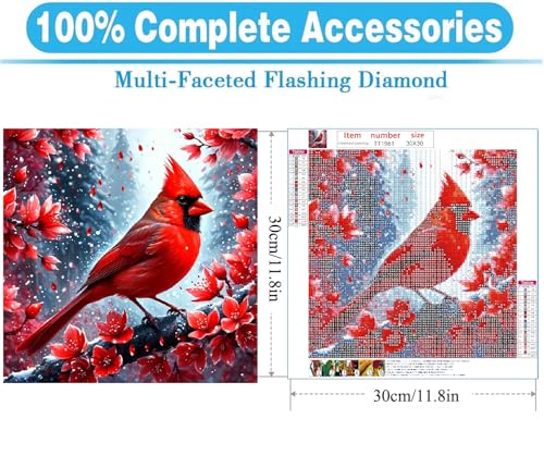 MOMDEDP Cardinal Diamond Painting Kits for Adults, Christmas Winter Red Birds Flowers 5D DIY Diamond Art Kits for Beginners Round Full Drill Diamond Painting for Home Wall Decoration Gift 12×12inch - Image 2