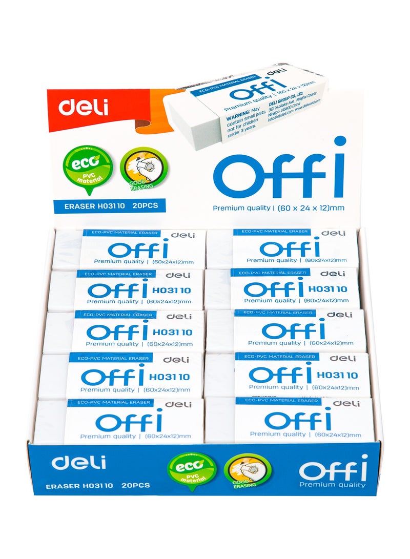 Deli Deli EH03110 Offi Eraser 20 pcs, 60×24×12mm White – ideal for school, office & everyday writing - Image 2