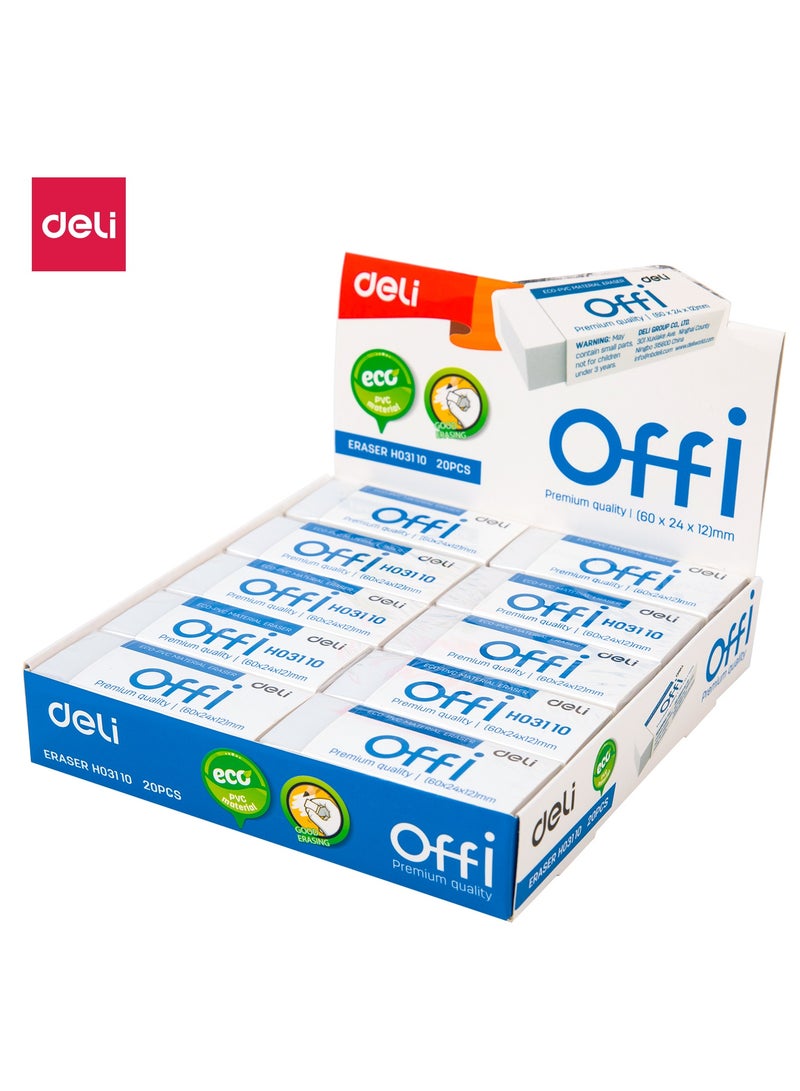 Deli Deli EH03110 Offi Eraser 20 pcs, 60×24×12mm White – ideal for school, office & everyday writing - Image 1
