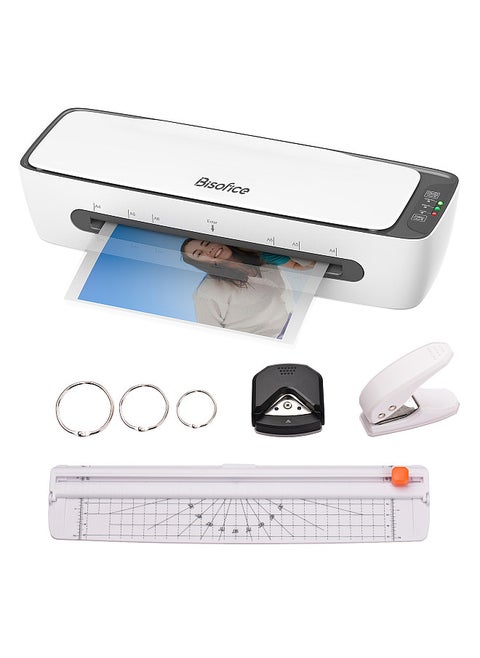 SL688 Desktop Laminator Machine Set A4 Size Multifunctional Hot and Cold Lamination 2 Roller System 9 inches Max Width with Paper Cutter Trimmer Rounder Hole Puncher Binding Hoop