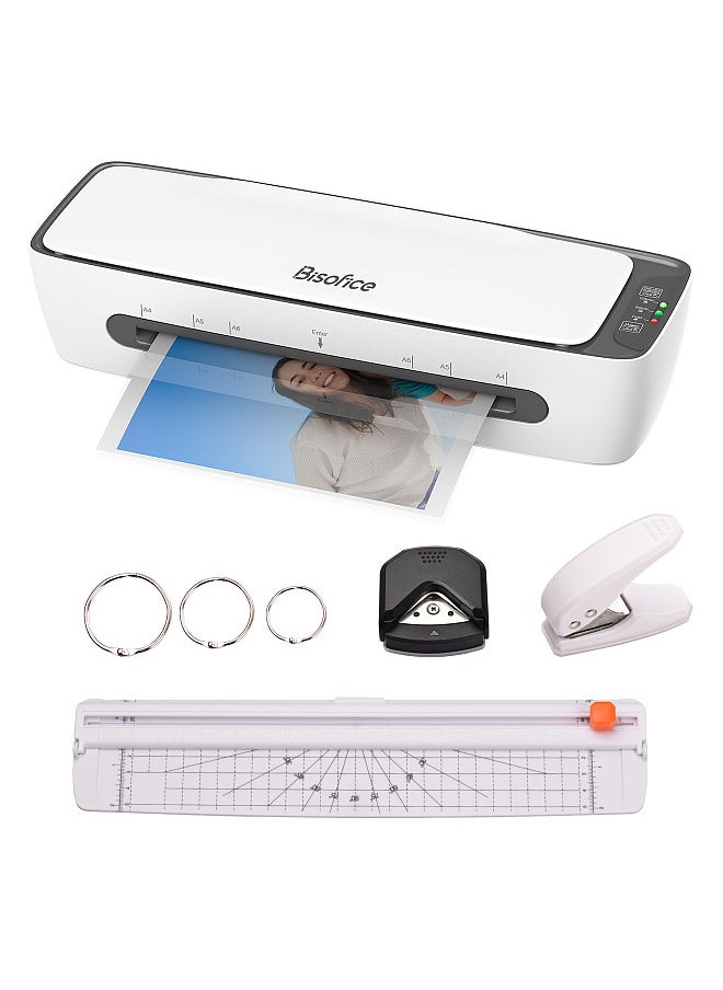 Bisofice - SL688 Desktop Laminator Machine Set A4 Size Multifunctional Hot and Cold Lamination 2 Roller System 9 inches Max Width with Paper Cutter Trimmer Rounder Hole Puncher Binding Hoop - Image 1