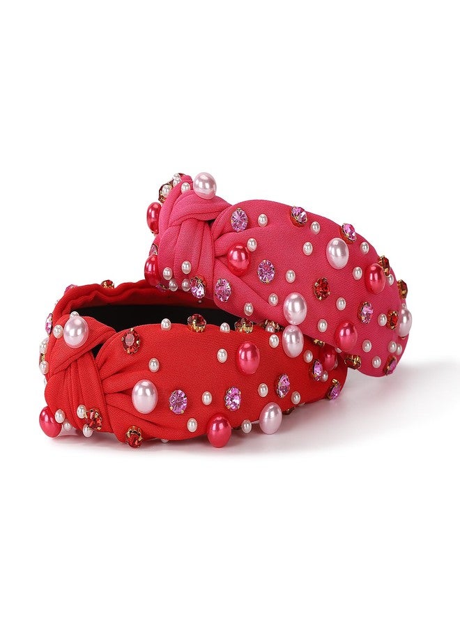 winthrop 2 Pack Valentine's Day Headband for Women Pearl Rhinestone Crystal Jeweled Embellished Ladies Wide Top Knot Pink Red Makeup Hair Hoop Accessory Holiday Party Costume Decor Prezzie - Image 5