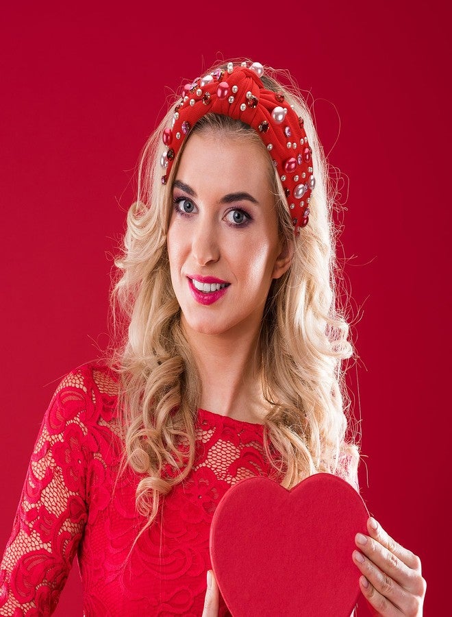 winthrop 2 Pack Valentine's Day Headband for Women Pearl Rhinestone Crystal Jeweled Embellished Ladies Wide Top Knot Pink Red Makeup Hair Hoop Accessory Holiday Party Costume Decor Prezzie - Image 2