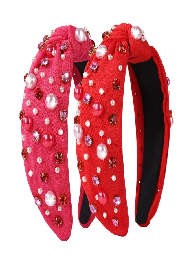 winthrop 2 Pack Valentine's Day Headband for Women Pearl Rhinestone Crystal Jeweled Embellished Ladies Wide Top Knot Pink Red Makeup Hair Hoop Accessory Holiday Party Costume Decor Prezzie - Image 1