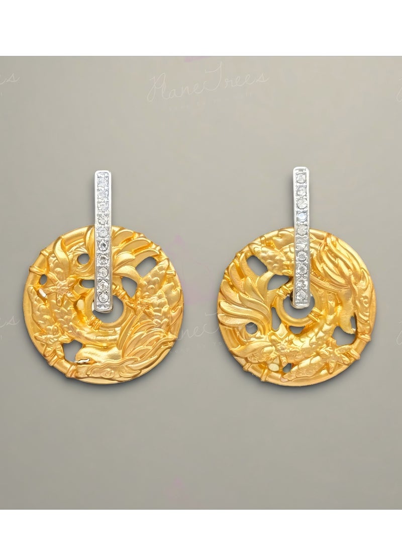 PLANE TREES Oriental Phoenix Disc Earrings – Gold Round Drop with Carved Dragon Bird Motif and Crystal Bar – Elegant Heritage Jewelry for Eid, Gift, Special Occasions - Image 1