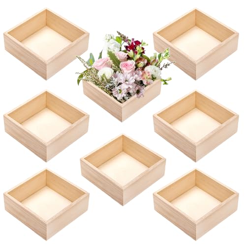 Frcctre 8 Pack Unfinished Wooden Box, 6 x 6 Inch Square Rustic Wooden Box Storage Organizer Boxes Small Wood Boxes for Crafts, Centerpiece, Home Decor, Storage, Collectibles, Succulent, Drawer - Image 1