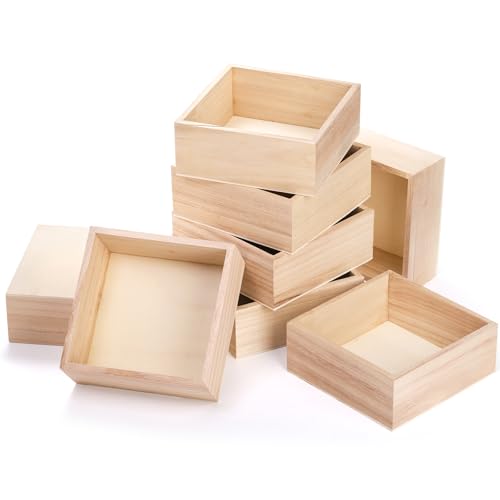 Frcctre 8 Pack Unfinished Wooden Box, 6 x 6 Inch Square Rustic Wooden Box Storage Organizer Boxes Small Wood Boxes for Crafts, Centerpiece, Home Decor, Storage, Collectibles, Succulent, Drawer - Image 4