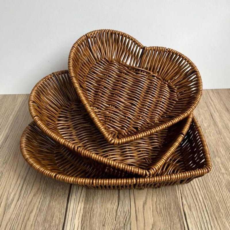 Heart Shape Woven Baskets Set, Wicker Bread and Fruit Serving Basket for Kitchen, Decorative Woven Storage Baskets for Home Organization 3 Pieces - Image 1