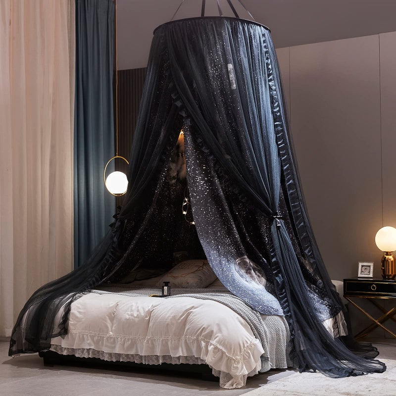 Kertnic Gorgeous Moon Printed Bed Canopy for Girls  Adults Room Decorative Cozy Bed Curtain Canopy Drapes Round Dome Luxurious Lace Princess Canopies Mosquito Netting Print Moon