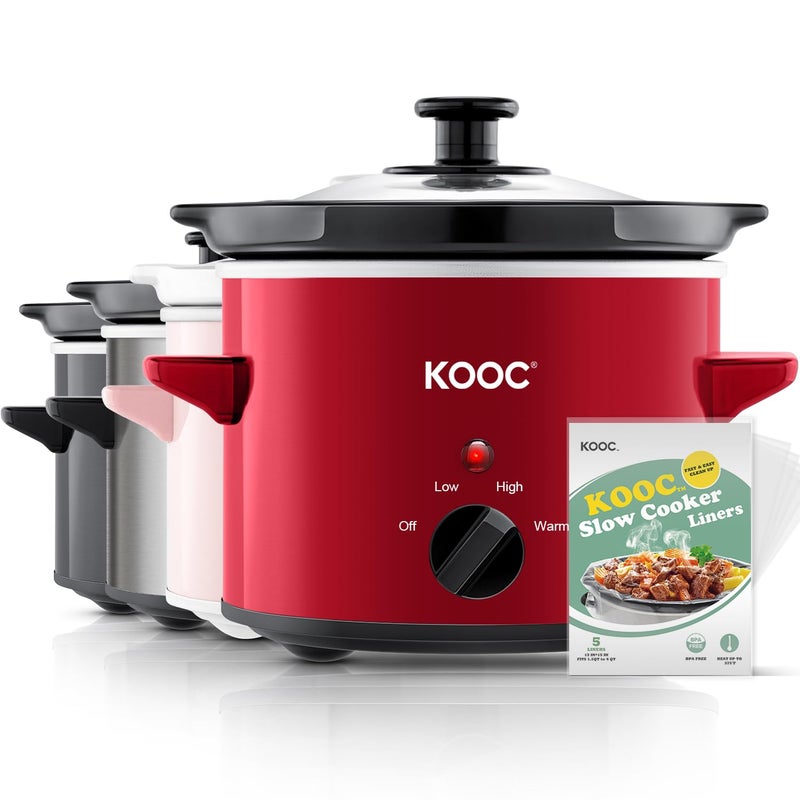 KOOC KOOC Small Slow Cooker 2 Quart Free Liners Included for Easy Cleanup Upgraded Ceramic Pot Adjustable Temp Nutrient Loss Reduction Stainless Steel Red Round 