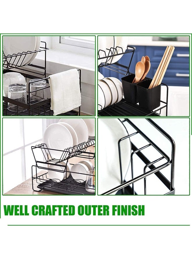 FUMES 2-Tier Dish Drying Rack with Cutlery Holder and Drain Board - Space Saving Kitchen Organizer for Plates, Cups, Bowls, and Utensils - Image 5