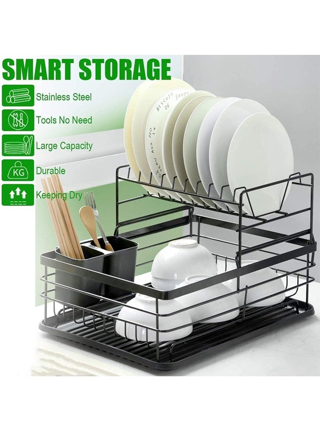 FUMES 2-Tier Dish Drying Rack with Cutlery Holder and Drain Board - Space Saving Kitchen Organizer for Plates, Cups, Bowls, and Utensils - Image 2