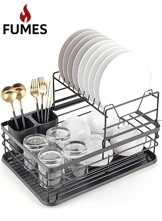 FUMES 2-Tier Dish Drying Rack with Cutlery Holder and Drain Board - Space Saving Kitchen Organizer for Plates, Cups, Bowls, and Utensils - Image 1