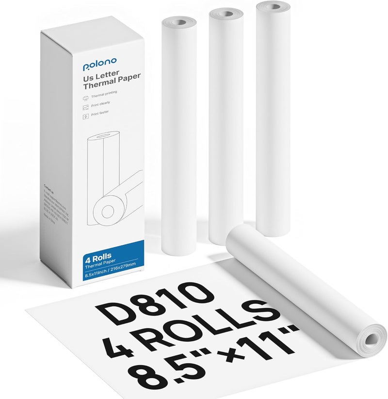 POLONO D810 Thermal Printer Paper 8.5 x 11 Inch Advanced Thermal Printing US Letter Size Thermal Paper Compatible with D810 Size 8.5 x 11 Inch 4 Rolls 23 Feet - Image 1