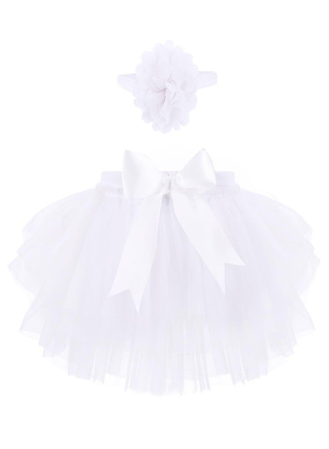 Baby Amabc Baby Girls Tutu Skirt with Diaper Cover,Soft Tulle Skirt Infant Shorts with Headband White - Image 1