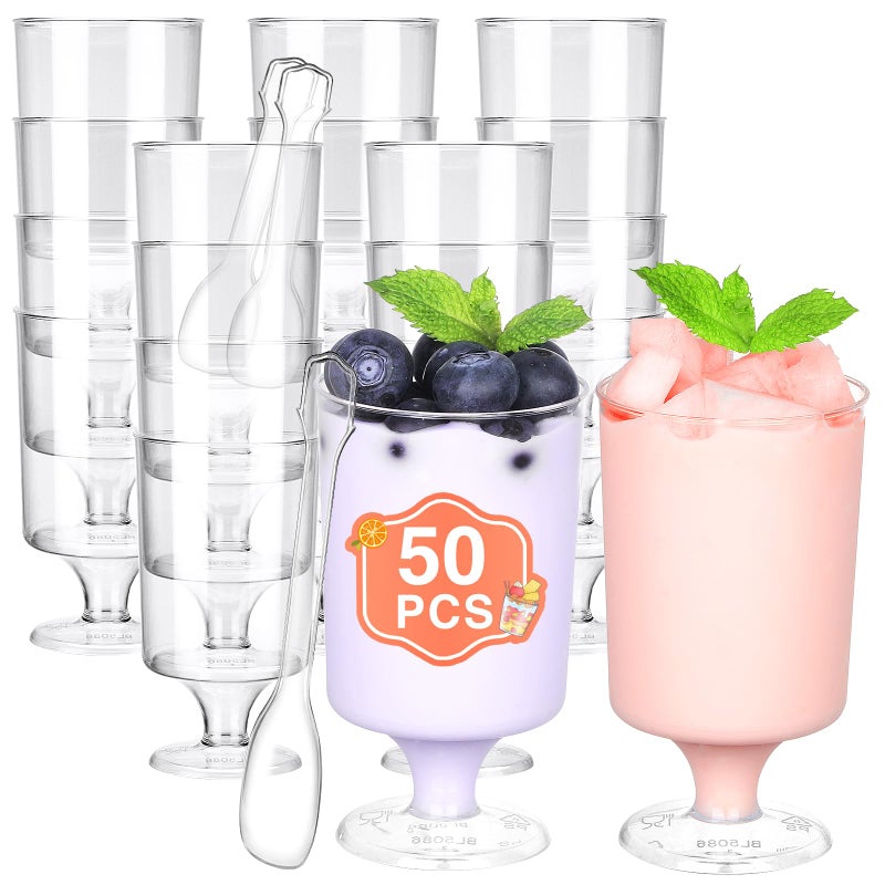 Eupako 4 floz Mini Dessert Cups With Spoons Clear Plastic Parfait Cups Round Small Cup for Appetizers Puddings Mousse Fruit Pack of 50 - Image 2
