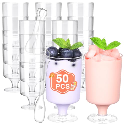 Eupako 4 floz Mini Dessert Cups With Spoons Clear Plastic Parfait Cups Round Small Cup for Appetizers Puddings Mousse Fruit Pack of 50 - Image 1