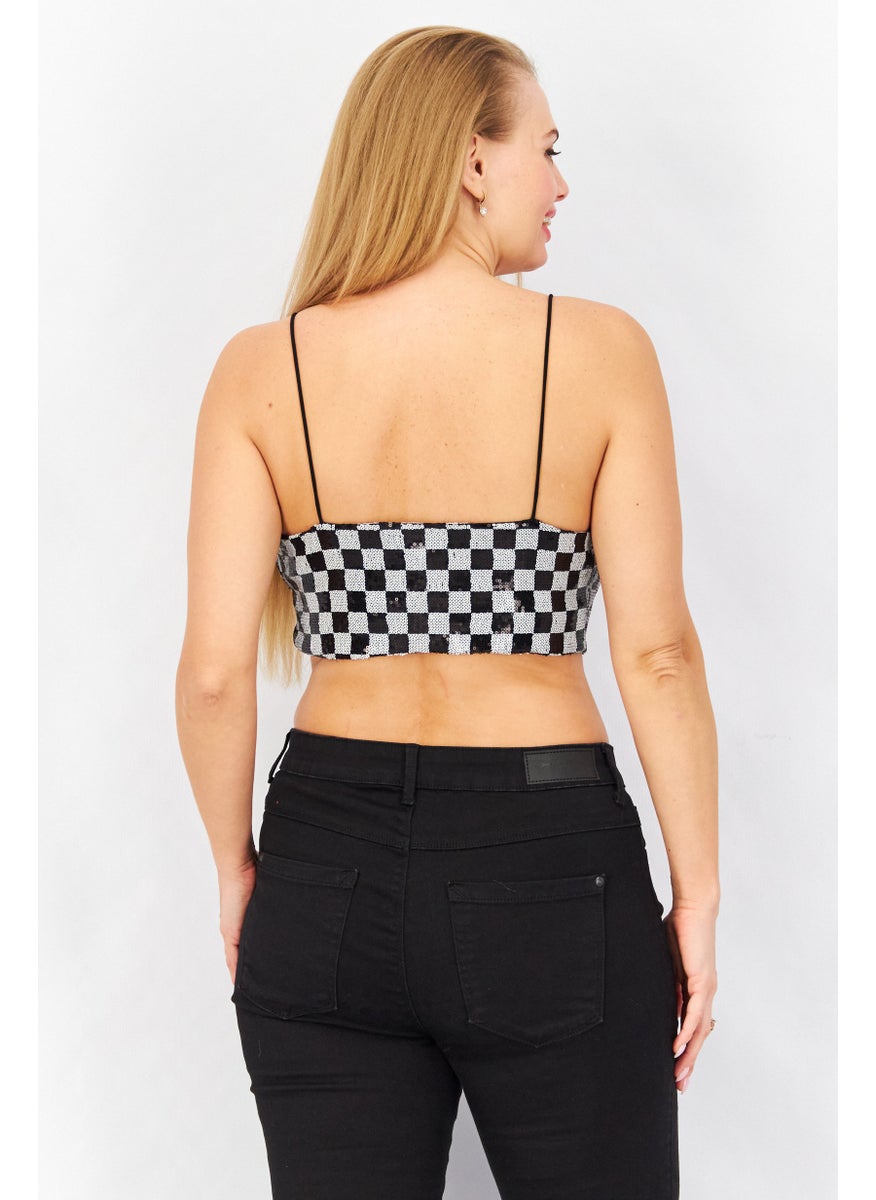 Don't Call Me Jennyfer - Women V Neck Sleeveless Sequin Cropped Top, Black - Image 1