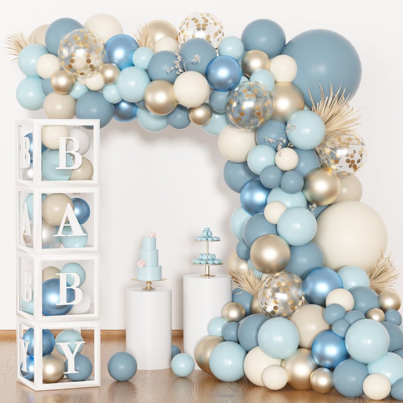 Amandir 153pcs Dusty Blue Balloon Baby Shower Decorations for Boy, Blue Balloon Arch Kit Baby Boxes with Letter (A-Z+Baby) for Boho Baby Shower Boy Birthday Gender Reveal Party Supplies - Image 1