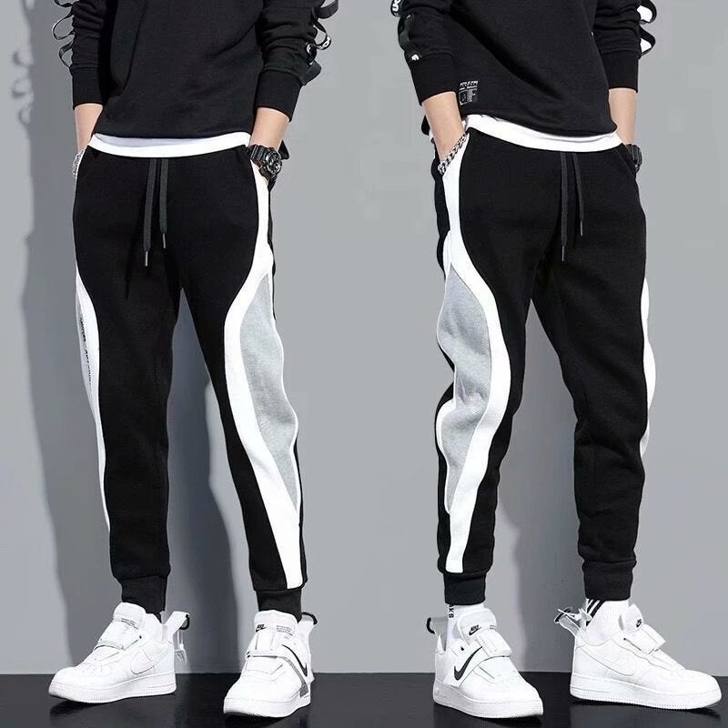 Mens Striped Patchwork Joggers Spring Summer Casual Black.  - Image 2