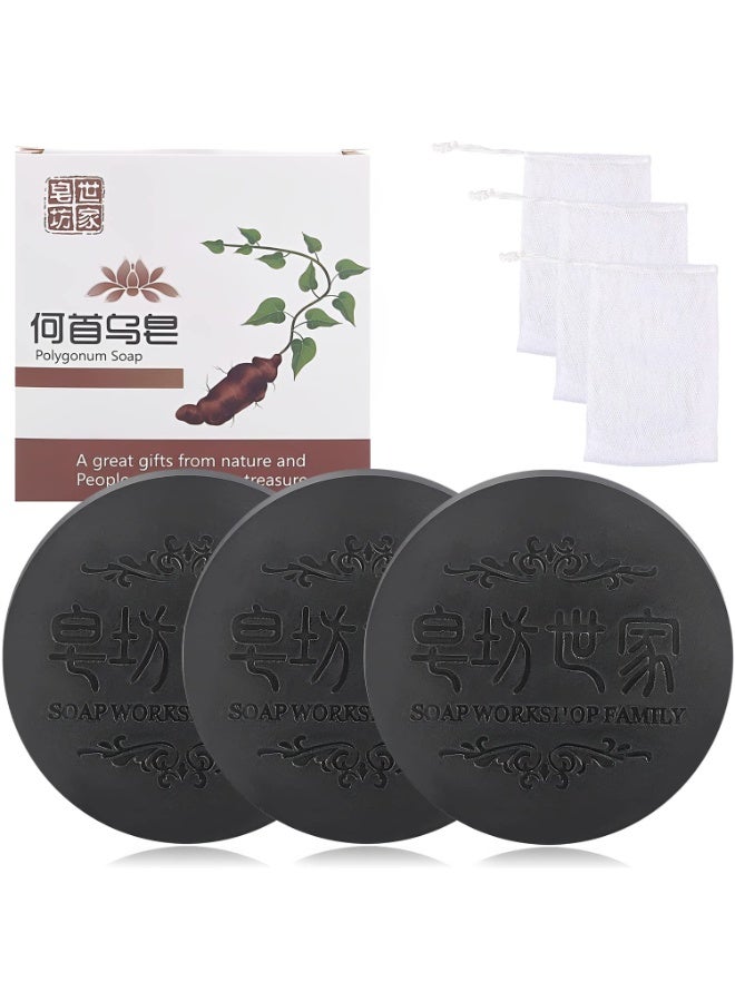 Rednow Black & Thick Fallopia Multiflora Shampoo Bar, Polygonum Soap With Foaming Net, He Shou Wu Extract, Deeply Cleanses Scalp, Organic Moisturizes Repairs Hair Damage (3pcs) - Image 1