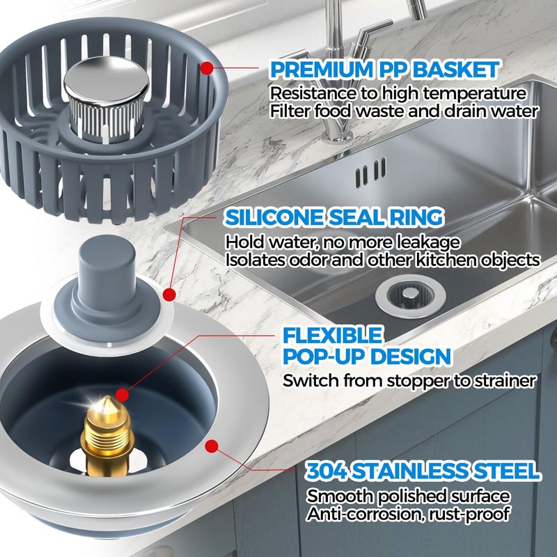 zaa Kitchen Sink Drain Strainer - 2Pack Sink Stopper, Drain Protector, Kitchen Drain Plug & Sink Installation Parts with Anti-Clogging Basket, Fit US Standard 3-1/2'' Sink Drain Hole, Silver - Image 5