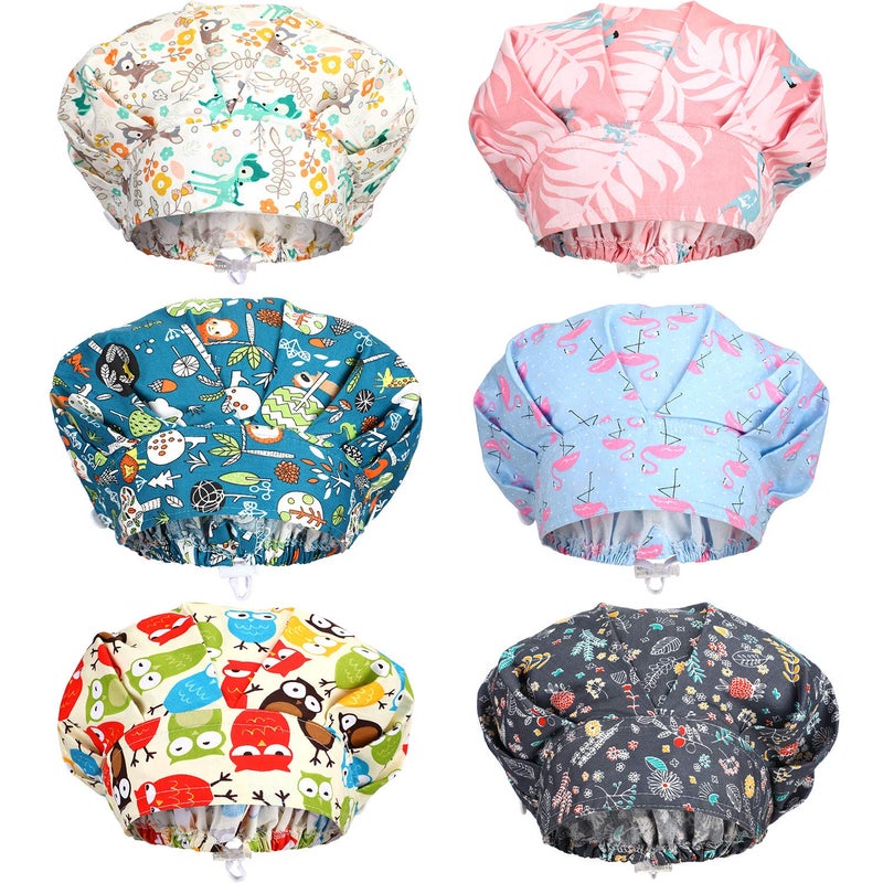SATINIOR 6 Pieces Bouffant Caps with Buttons Elastic Bouffant Turban Nursing Surgical Cap Printed Scrub Working HatsAnimal