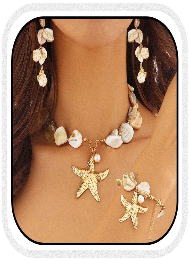 Brishow Starfish Necklace and Earring Set Mermaid Shell Choker with Bracelet Beach Wedding Jewelry Sets for Women (Gold) - Image 1