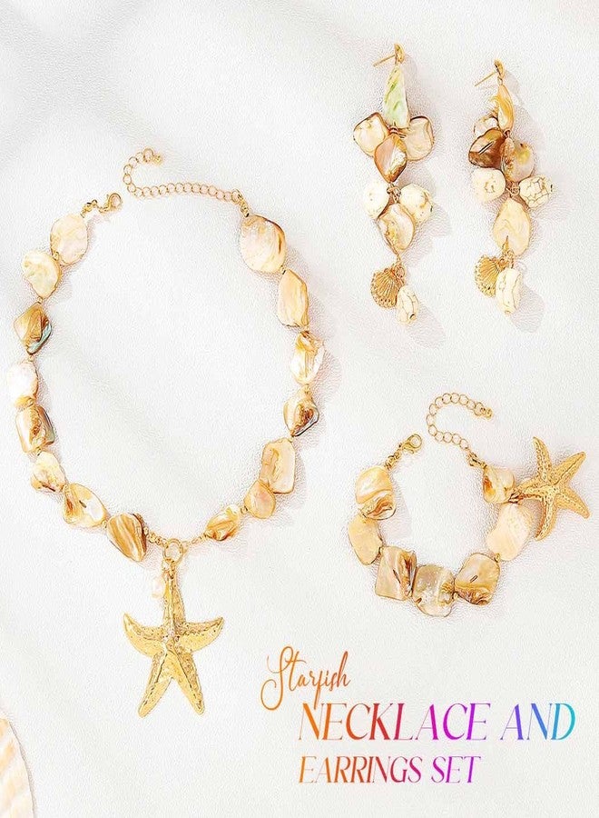 Brishow Starfish Necklace and Earring Set Mermaid Shell Choker with Bracelet Beach Wedding Jewelry Sets for Women (Gold) - Image 5